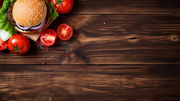 Zdjęcie widok z góry hamburgera i czerwonego pomidora na drewnianym tle