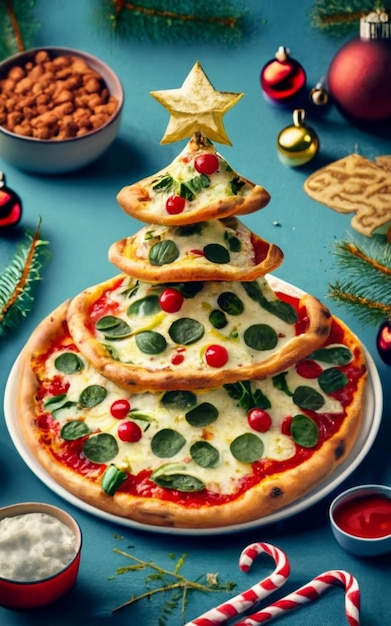 Widok z góry kawałka pizzy izolowany na tle Bożego Narodzenia