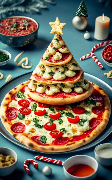 Widok z góry kawałka pizzy izolowany na tle Bożego Narodzenia