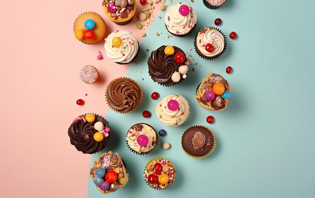 Zdjęcie widok z góry kolorowe babeczki na pastelowym tle słodki deser piekarnia jedzenie ai generowane