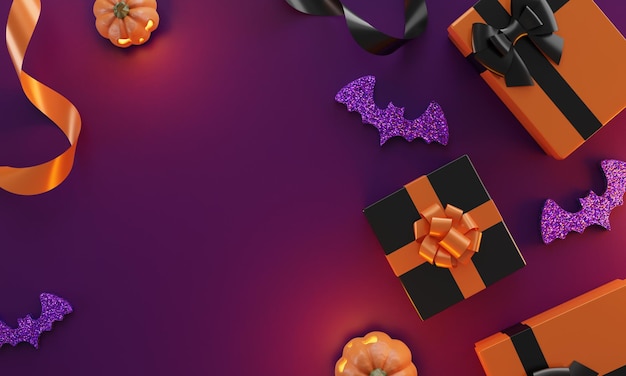 Zdjęcie widok z góry koncepcja halloween dekoracje dynie na fioletowym tle kartkę z życzeniami na przyjęcie halloween