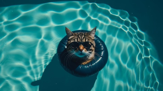 Widok z góry kota w okularach przeciwsłonecznych spoczywającego w basenie na dmuchanym materacu Generative AI