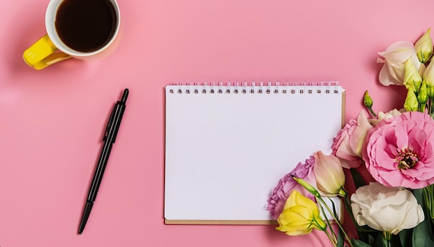 Widok z góry kwiatów eustomy z długopisem i filiżanką kawy na różowym tle