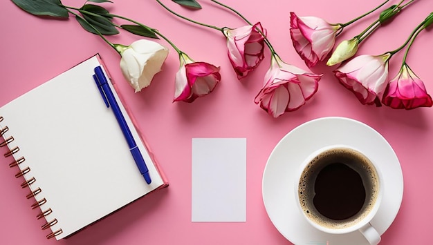 Widok z góry kwiatów eustomy z długopisem i filiżanką kawy na różowym tle