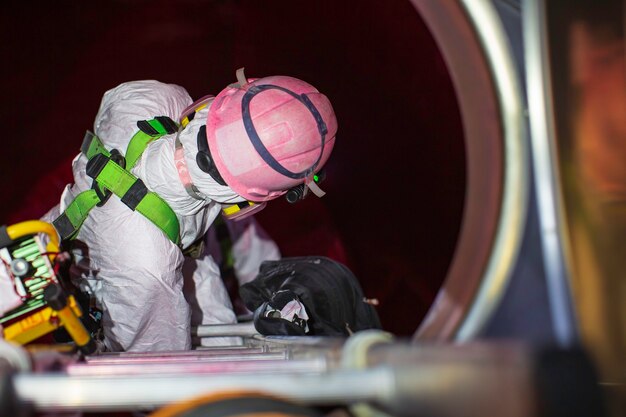 Widok Z Góry Mężczyzna Wspina Się Po Schodach Do Zbiornika Strefa Chemiczna Ze Stali Nierdzewnej Dmuchawa Bezpieczeństwa W Przestrzeni Zamkniętej świeże Powietrze