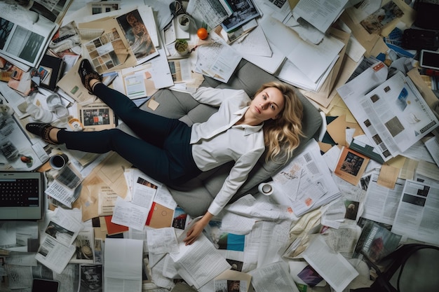Widok z góry młodej skandynawskiej bizneswoman leżącej na podłodze, która jest pełna papierów i dokumentów w scenie biurowej Generative AI image AIG30