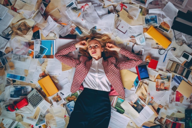 Zdjęcie widok z góry młodej skandynawskiej bizneswoman leżącej na podłodze pełnej papierów i dokumentów w scenie biurowej generative ai aig30