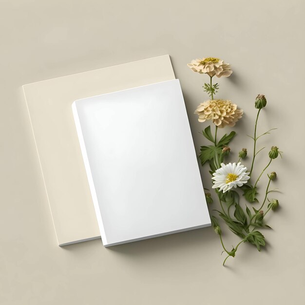 Widok z góry na białą kartkę, pusty arkusz papieru, wokół leżą kwiaty.