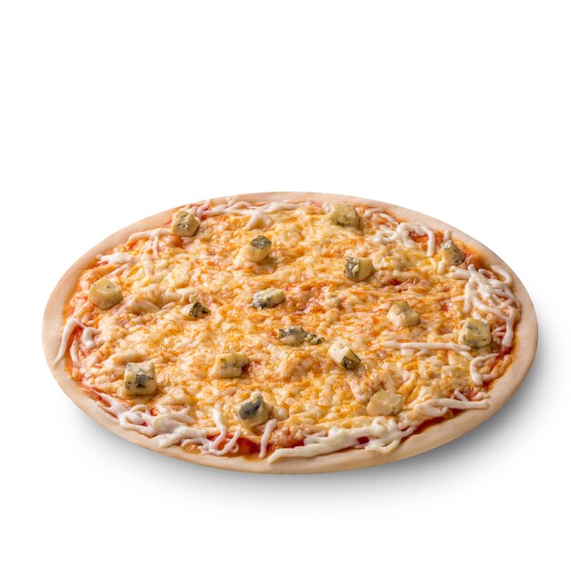 Widok z góry na białym tle całego świeżo upieczone pyszne cztery sery Włoska pizza na białym tle. Martwa natura. Skopiuj miejsce