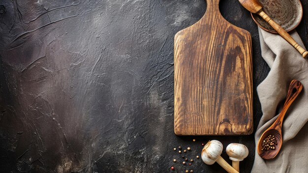 Widok z góry na ciemny rustykalny stół kuchenny z drewnianą deską do krojenia i gotowaniem Ai Generative