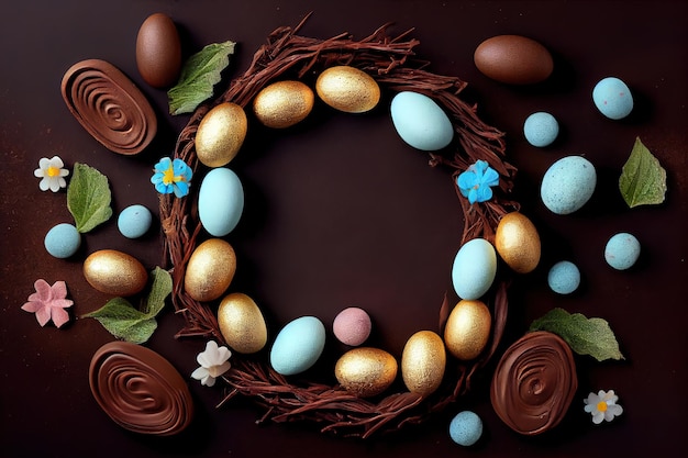 Widok z góry na czekoladowe jajka wielkanocne z generatywnym Ai w kształcie króliczka