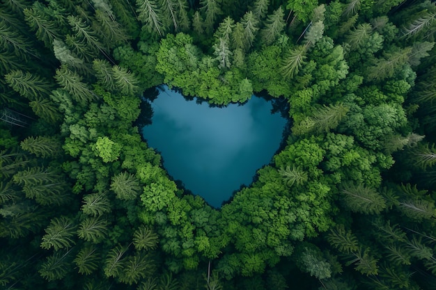 Widok z góry na dół lasu z jeziorem w kształcie serca