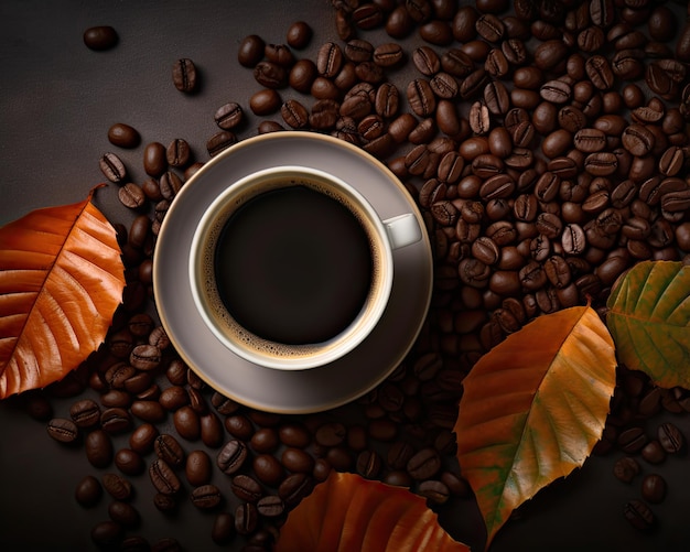 Widok z góry na filiżankę czarnej kawy z ziarnami kawy i liśćmi izolowanymi i wysoko na gorąco