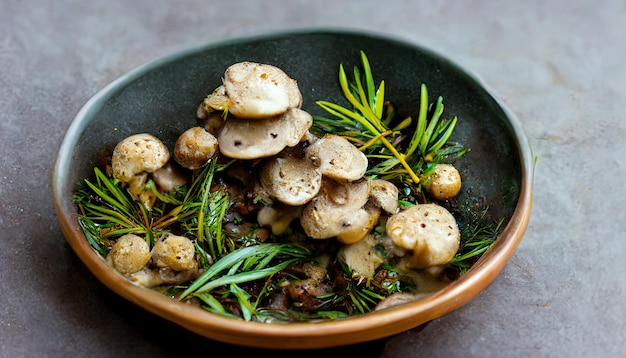Widok z góry na jedzenie z grzybami Generative Ai