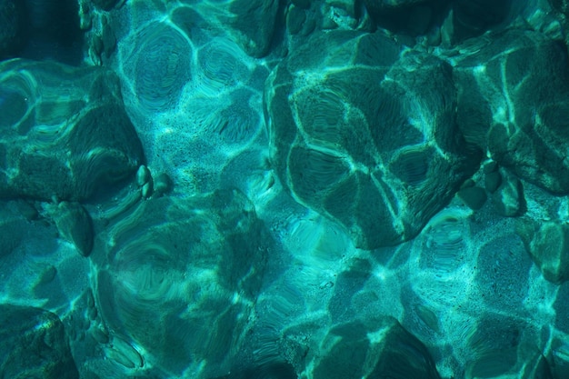 Widok z góry na kamieniste dno morskie w czystej wodzie z abstrakcyjnym niebiesko-zielonym wzorem