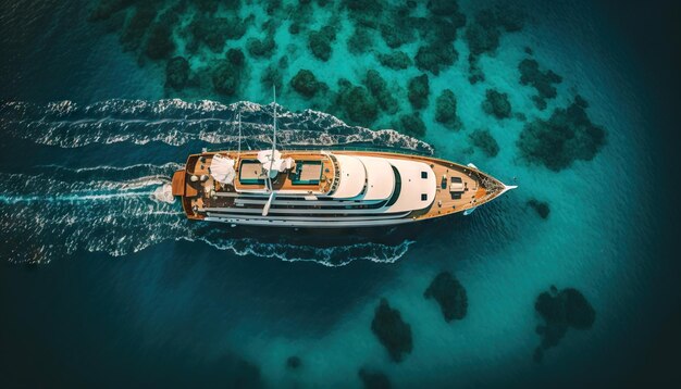 Widok z góry na luksusowy jacht w rajskiej turkusowej wodzie oceanicznej Generative AI