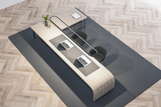 Widok z góry na nowoczesne wnętrze biurowe z betonowymi i drewnianymi ścianami i sprzętem podłogowym oraz światłem dziennym Koncepcja miejsca pracy Renderowanie 3D