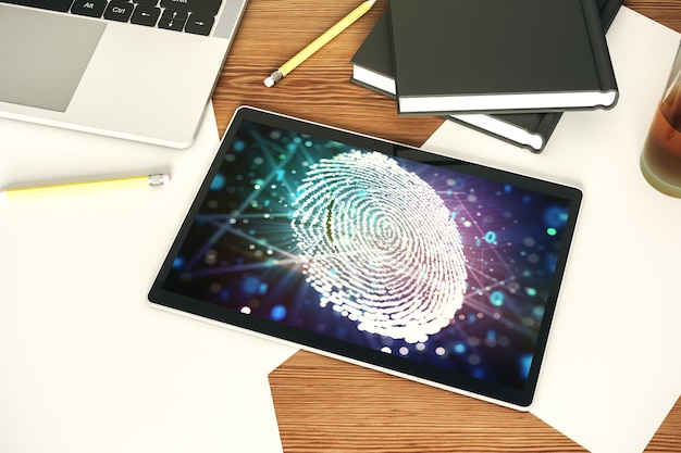 Zdjęcie widok z góry na nowoczesny cyfrowy wyświetlacz tabletu z abstrakcyjną kreatywną ilustracją odcisków palców osobistą koncepcją danych biometrycznych renderowanie 3d