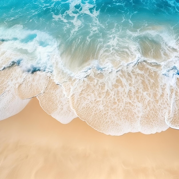 Widok z góry na piaszczystą plażę i miękką niebieską falę oceanu