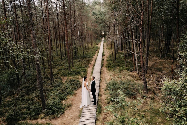 Widok z góry na piękną kaukaską białą pannę młodą i pana młodego w lesie na Litwie