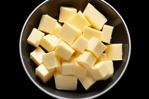 Widok z góry na pojedyncze kawałki masła w misce na białym tle