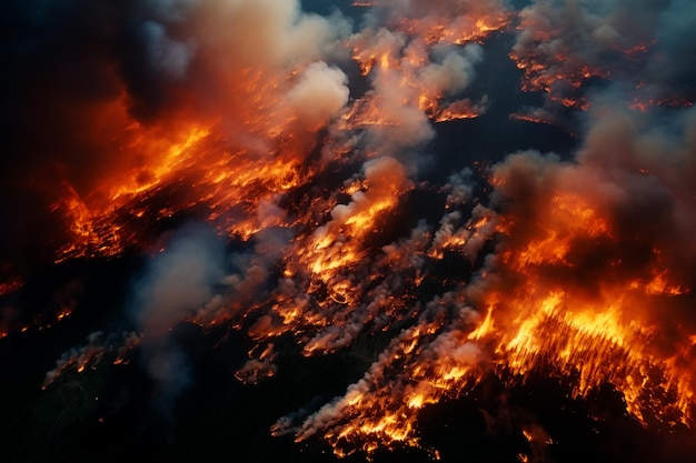 Widok z góry na pożar lasu na dużą skalę Las płonie Katastrofa ekologiczna, kataklizm naturalny