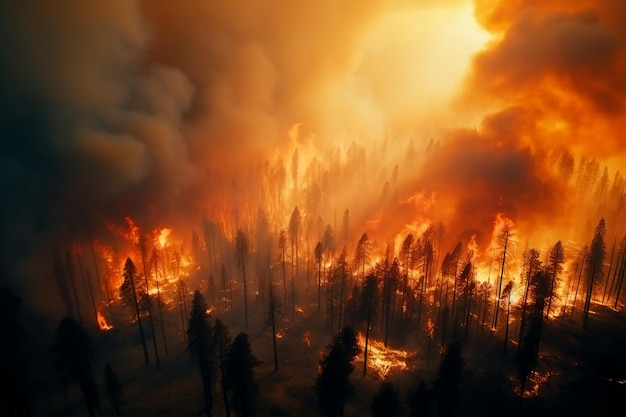 Widok z góry na pożar lasu na dużą skalę Las płonie Katastrofa ekologiczna, kataklizm naturalny