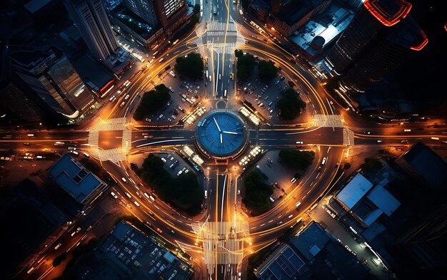 Zdjęcie widok z góry na rondo w środku ruchliwego miasta widok z lotu ptaka wyśrodkowany symetrycznie