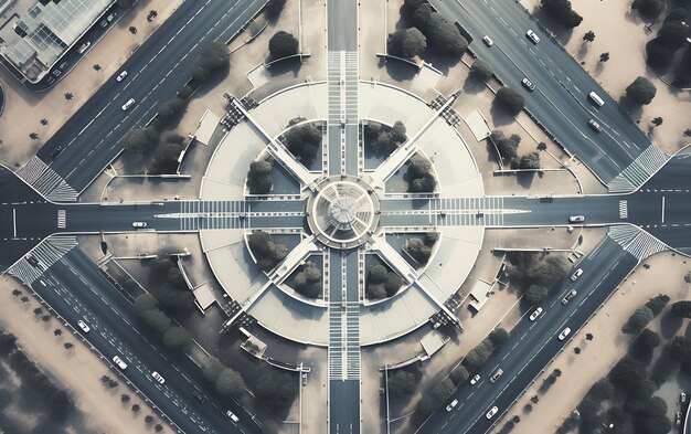 widok z góry na rondo w środku ruchliwego miasta widok z lotu ptaka wyśrodkowany symetrycznie