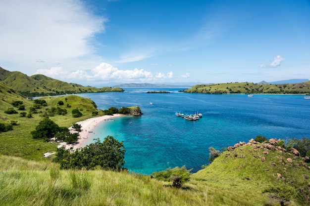 Zdjęcie widok z góry na różową plażę z turkusową czystą wodą na wyspie komodo