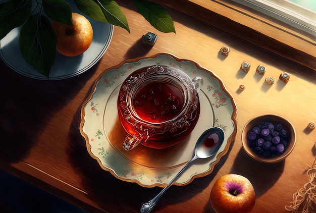 Widok z góry na stół z herbatą i dżemem z rajskich jabłek w szklanym wazonie