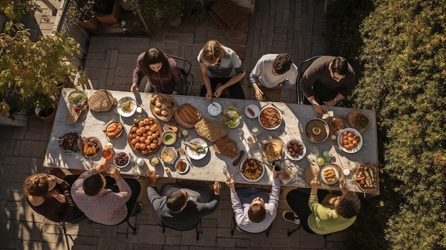 Widok z góry na wielokulturowe spotkanie przyjaciół jedzących jasne śniadanie na świeżym powietrzu Generacyjna sztuczna inteligencja