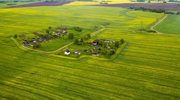 Widok z góry na zasiane zielone pole i małą wioskę na Białorusi. We wsi pola uprawne.