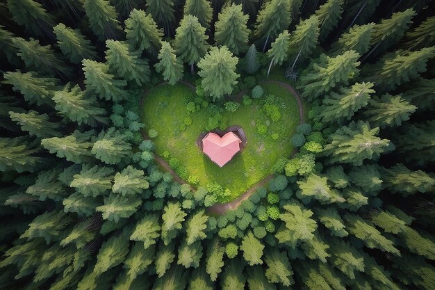 Widok z góry nad kształtem serca w lesie