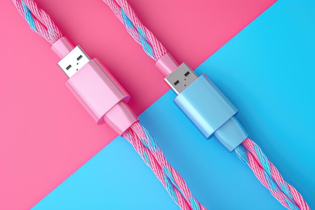 Widok z góry neonowych różowych i niebieskich kabli USB na kolorowym kartonowym tle