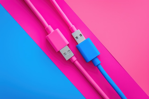 Widok z góry neonowych różowych i niebieskich kabli USB na kolorowym kartonowym tle