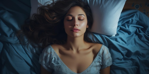 Widok z góry pięknej młodej kobiety śpiącej wygodnie na łóżku w swojej sypialni