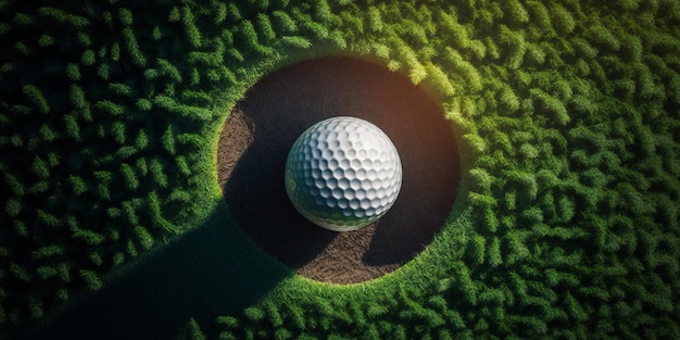 Widok z góry piłki golfowej na zielonym kursie w otworze