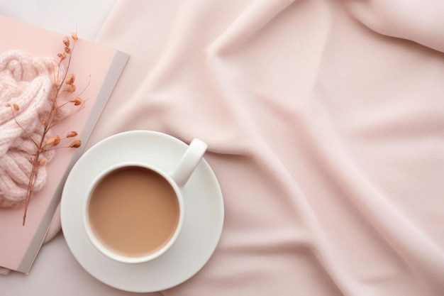 Widok z góry planisty, kubek kawy i wełniany szalik w różowych kolorach Ilustracja generatywna AI