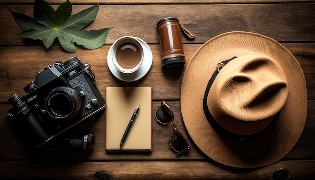 Widok z góry podróż w przestrzeń roboczą na wakacjach zrelaksuj paszport z kapeluszem i aparatem na drewnie