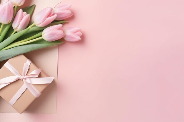 Widok z góry pudełek prezentowych z kokardkami, bukietami tulipanów, kopertą z pocztówką Generative AI