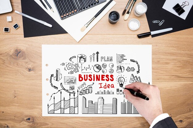 Zdjęcie widok z góry ręki biznesmena rysującej czerwony plan biznesowy na papierze. koncepcja strategii w biznesie.