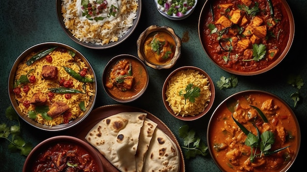 Widok z góry różnych indyjskich potraw z curry i ryżu Generative Ai