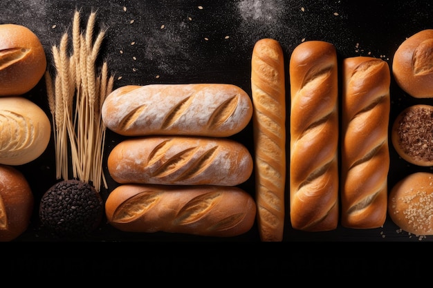 Widok z góry różnych produktów chlebowych uchwyconych z góry na czarnym tle z wolną przestrzenią w poziomie