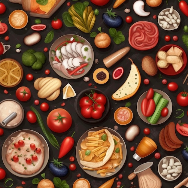 Widok z góry różnych produktów spożywczych jako ilustracja tła koncepcji kulinarnej Generative AI