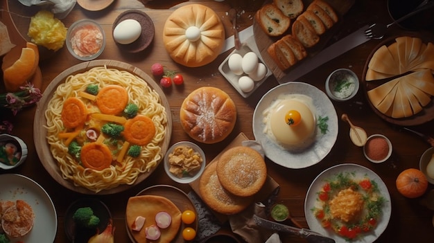 Widok z góry różnych produktów spożywczych jako koncepcja kulinarna Generative AI