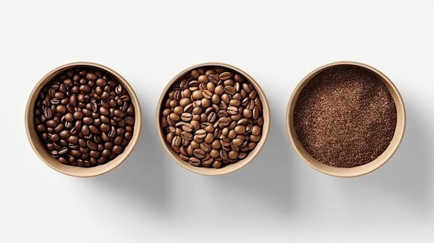 Widok z góry różnych rodzajów kawy w miseczkach