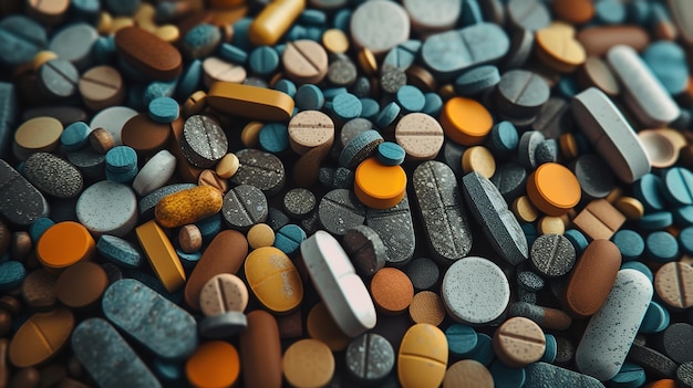 Widok z góry różnych tabletek i leków przechowywanych na czystej powierzchni na tle typu medycznego Generatywna sztuczna inteligencja