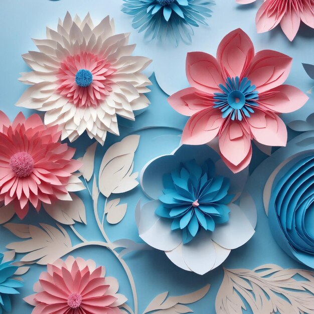 widok z góry różowe i niebieskie papierowe kwiaty