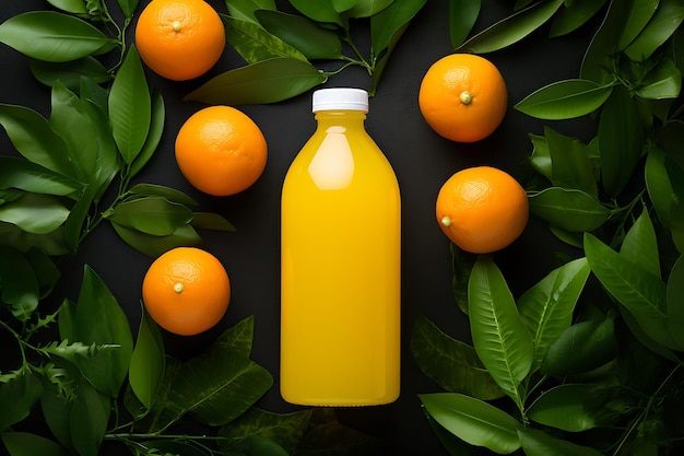 Zdjęcie widok z góry sok pomarańczowy w butelce